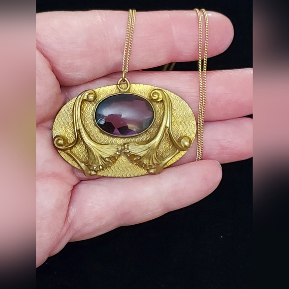 Art Nouveau Plated Cabochon Glass Necklace Antique Converted Brooch 18in - Picture 11 of 13